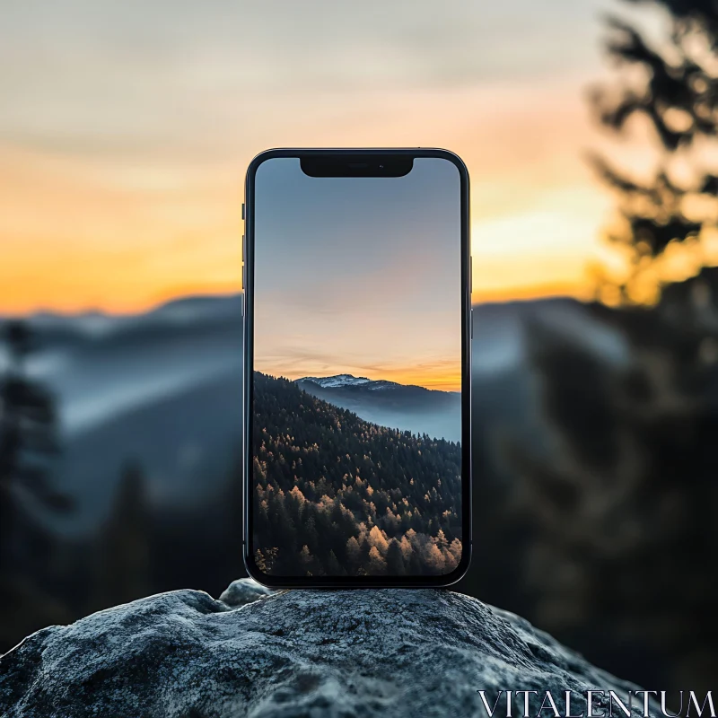 Mountain Landscape on Phone Display AI Image