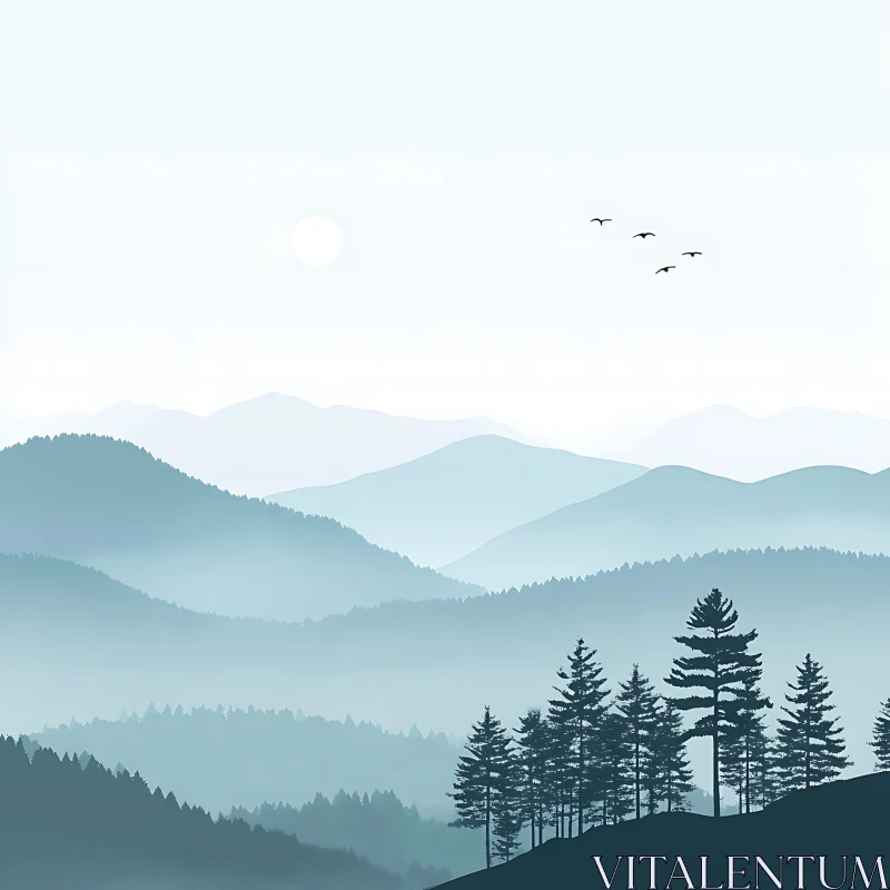 AI ART Misty Mountain Landscape with Birds