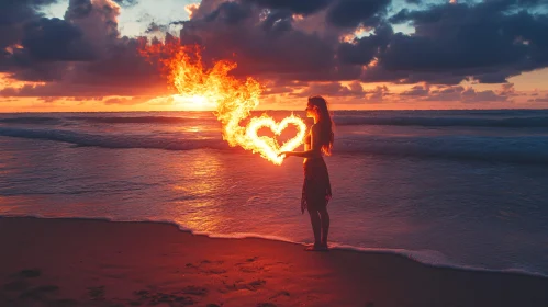 Sunset Beach Romance with Flaming Heart