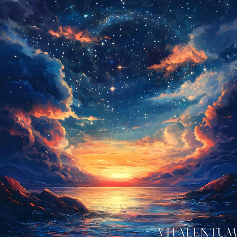 AI ART Ocean at Sunset with Starry Sky