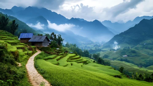 Lush Green Rice Terraces in Mountainous Valley