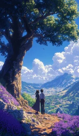 Serene Mountain Valley with Large Tree and Couple