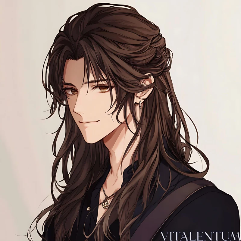 Anime Male Character with Long Dark Hair AI Image