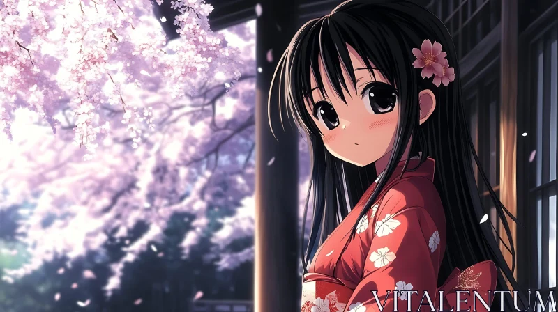 AI ART Springtime Harmony: Anime Girl in Traditional Attire Amid Cherry Blossoms