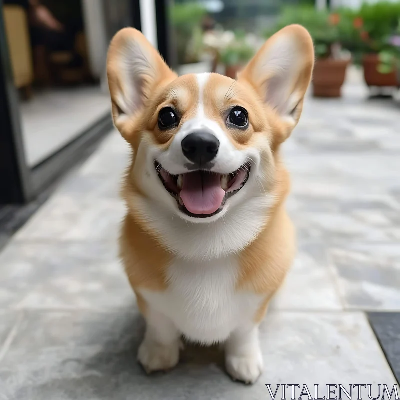 Smiling Corgi on Tiled Floor AI Image