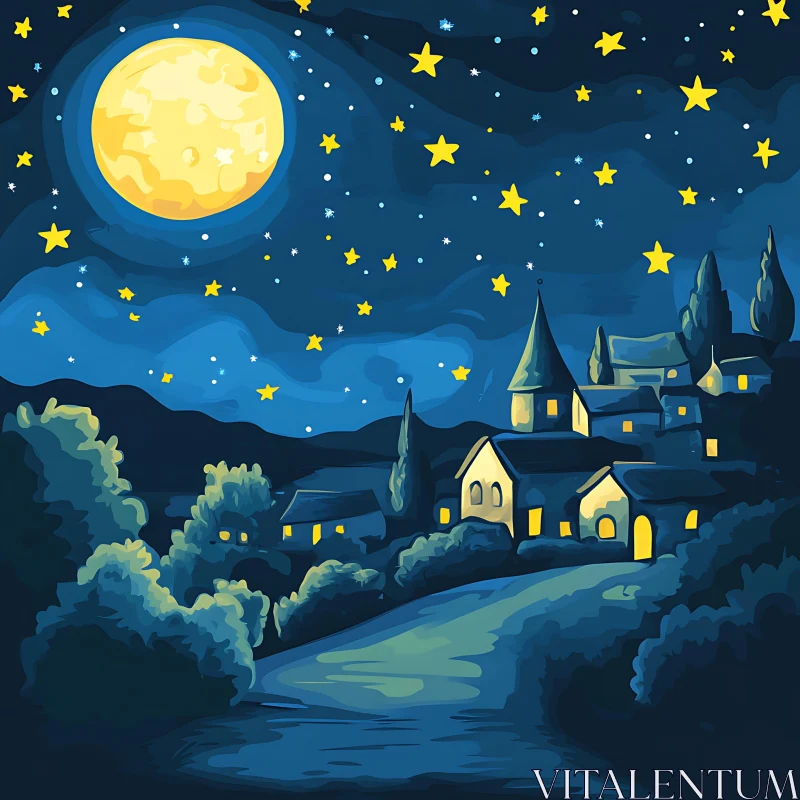 AI ART Moonlit Village Art Print