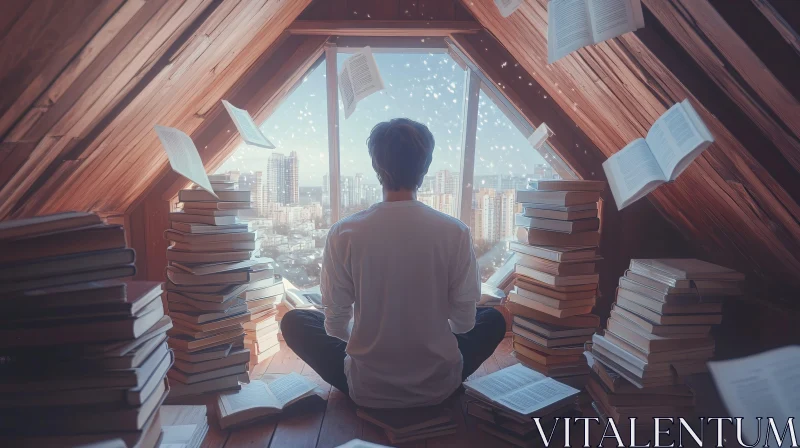 AI ART Man Meditating in Attic Surrounded by Books