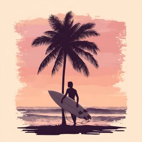 Beach Sunset with Surfer and Palm