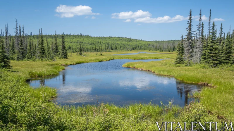 AI ART Peaceful Waterscape with Rich Greenery and Sky Reflections