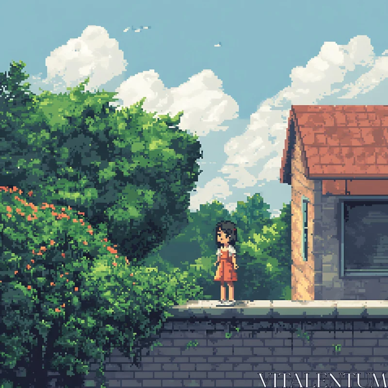 Surreal Pixel Art Scene of a Girl by a House AI Image