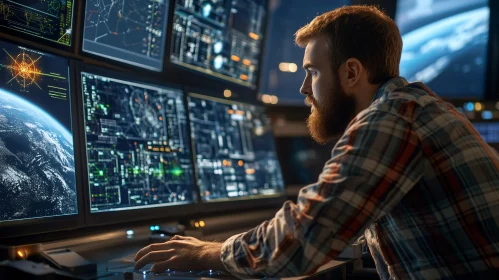 Man Analyzing Data on Multiple Screens