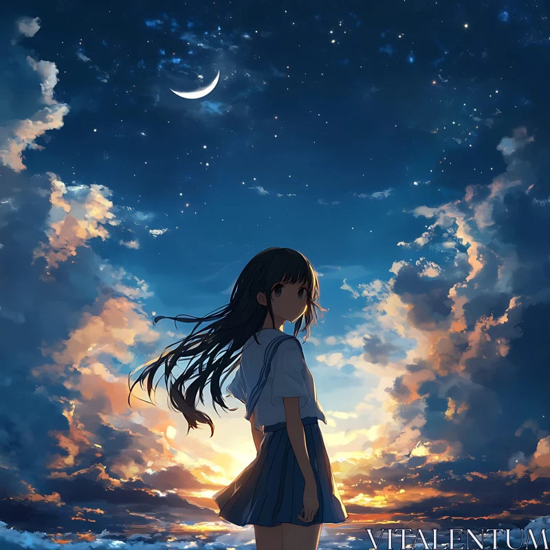 Anime Girl Under Starry Night AI Image