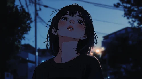 Stargazing Girl in Anime Art