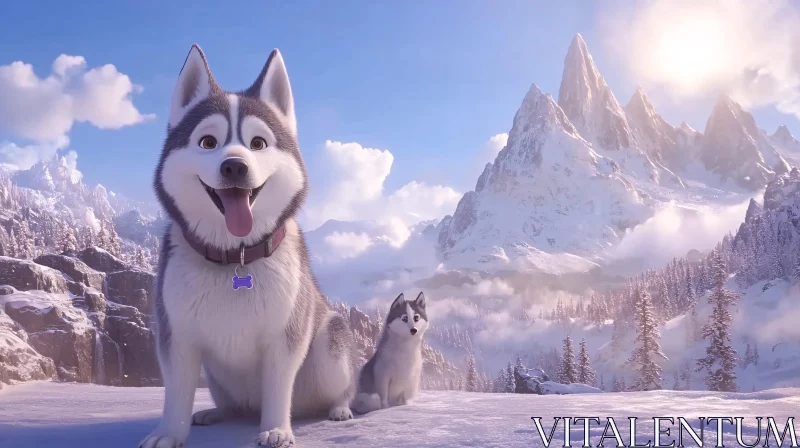 Charming Husky Duo in Winter Wonderland Animation AI Image