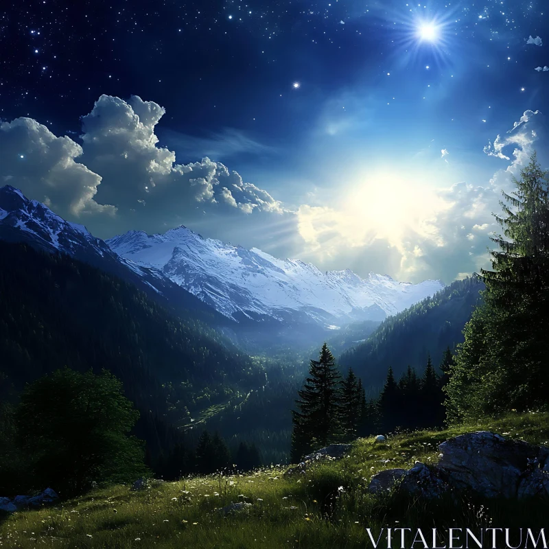 Alpine Peaks and Starry Sky Landscape AI Image