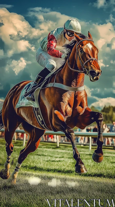 Intense Horse Racing Scene with Jockey in Action AI Image