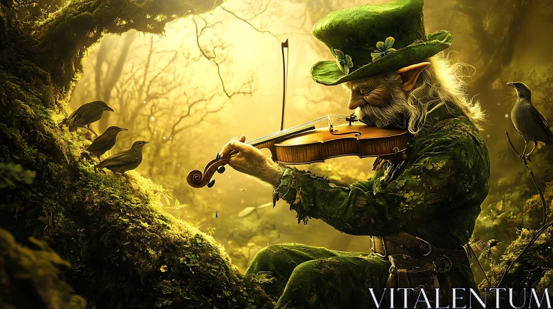 Elf's Violin in Sunlit Woods AI Image