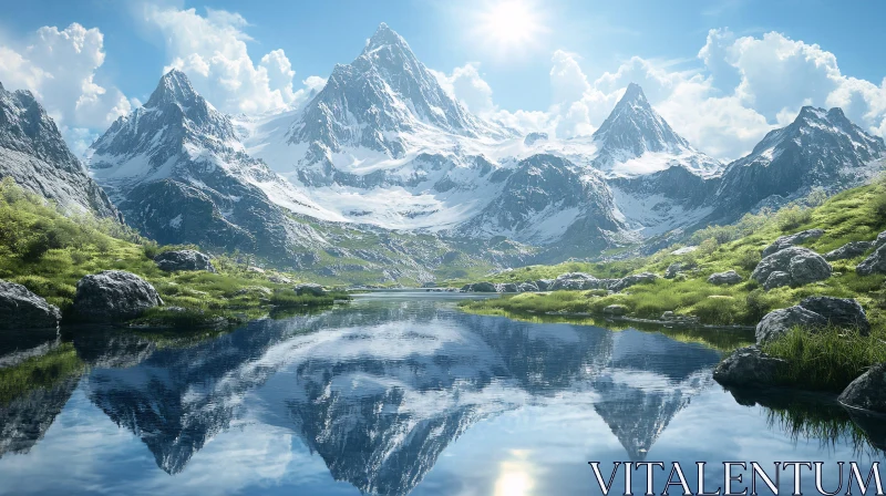 AI ART Snowy Peaks and Serene Lake Landscape