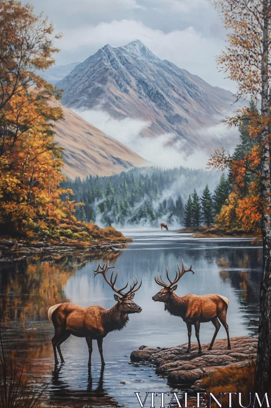 Autumnal Wilderness with Deer and Mountain Lake AI Image