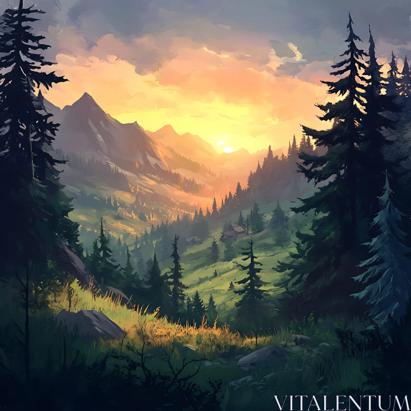 Sunset in the Forest Valley AI Image