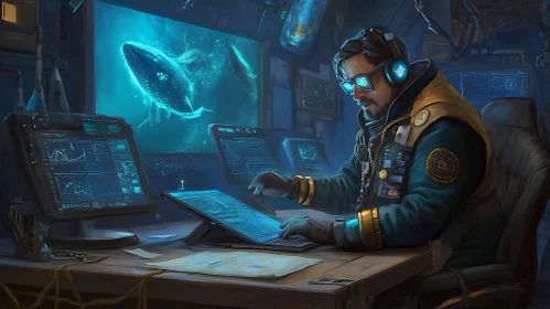 Man Analyzing Data with Whale Background