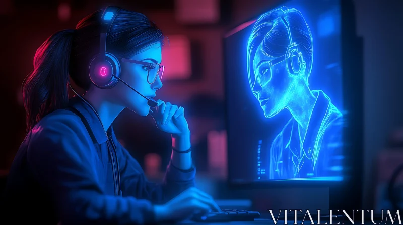 AI ART Woman Immersed in Neon Virtual World