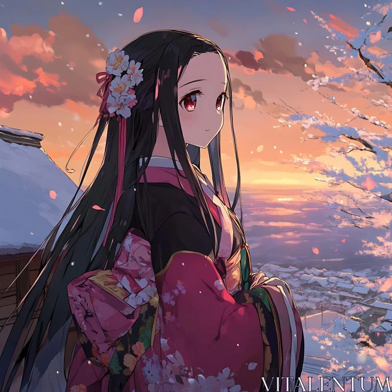 Anime Winter Sunset with Traditional Kimono AI Image