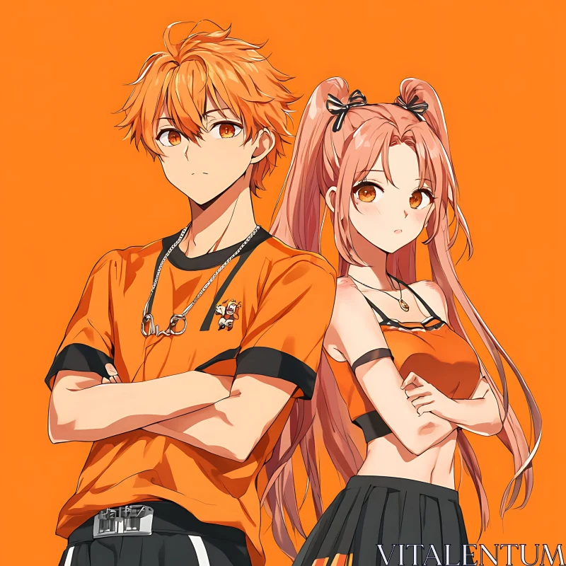 Confident Anime Duo in Orange and Black AI Image