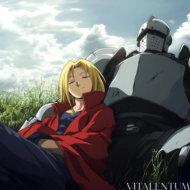 Serene Anime Moment with Armored Figure AI Image