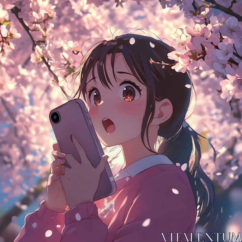 Surprised Anime Girl with Phone Under Cherry Blossoms AI Image