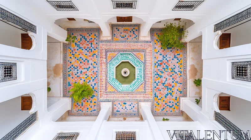 Beautiful Courtyard with Geometric Tile Patterns and Central Fountain AI Image