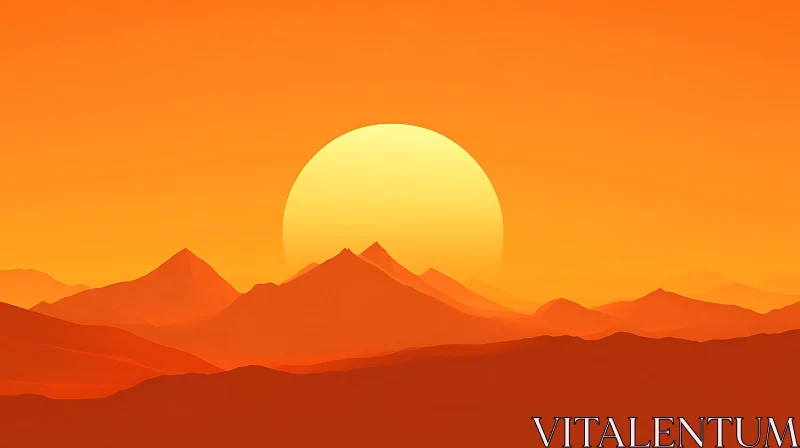 Warm Orange Sunset Behind Mountains AI Image