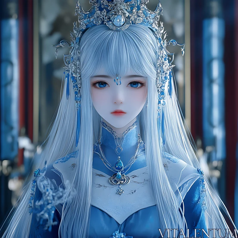 Regal Anime Princess with Silver Headpiece AI Image