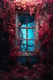 Enchanting Antique Window with Red Leaves