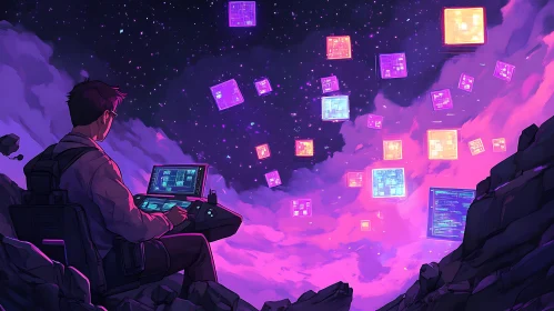 Virtual Reality Landscape with Floating Screens