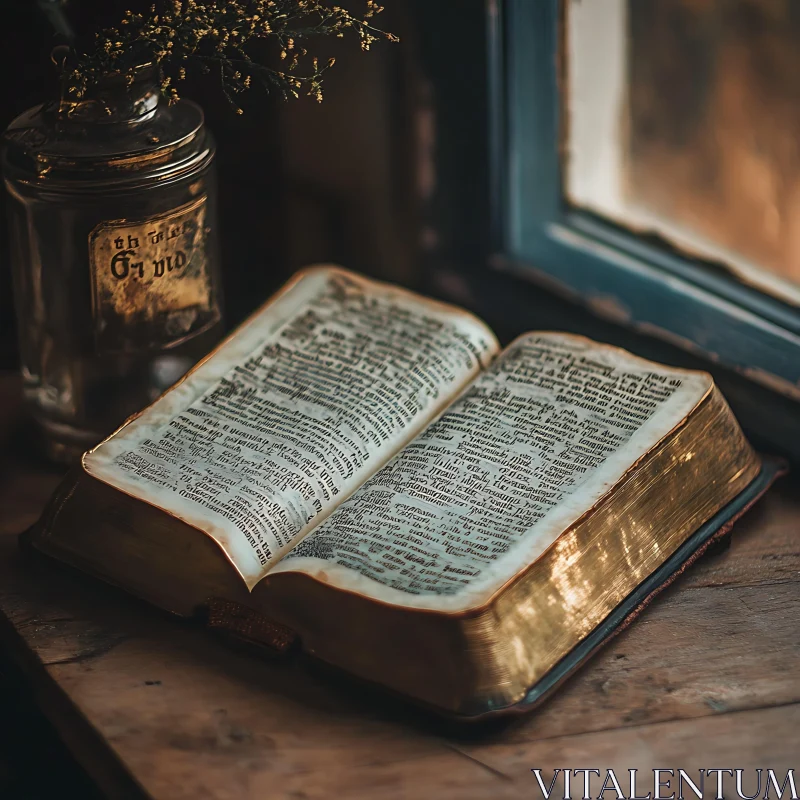 Antique Book and Flowers Still Life AI Image