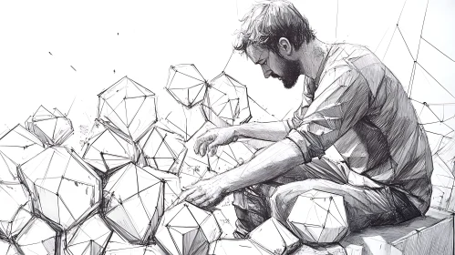 Man in Thought Surrounded by Dodecahedrons