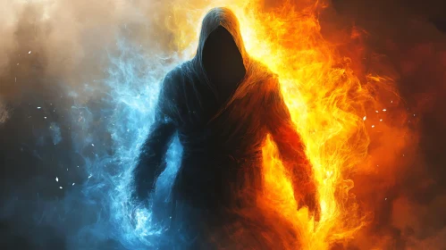 Cloaked Figure in Elemental Conflict