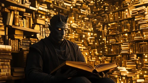 Horned Figure Reads in a Book Filled Library
