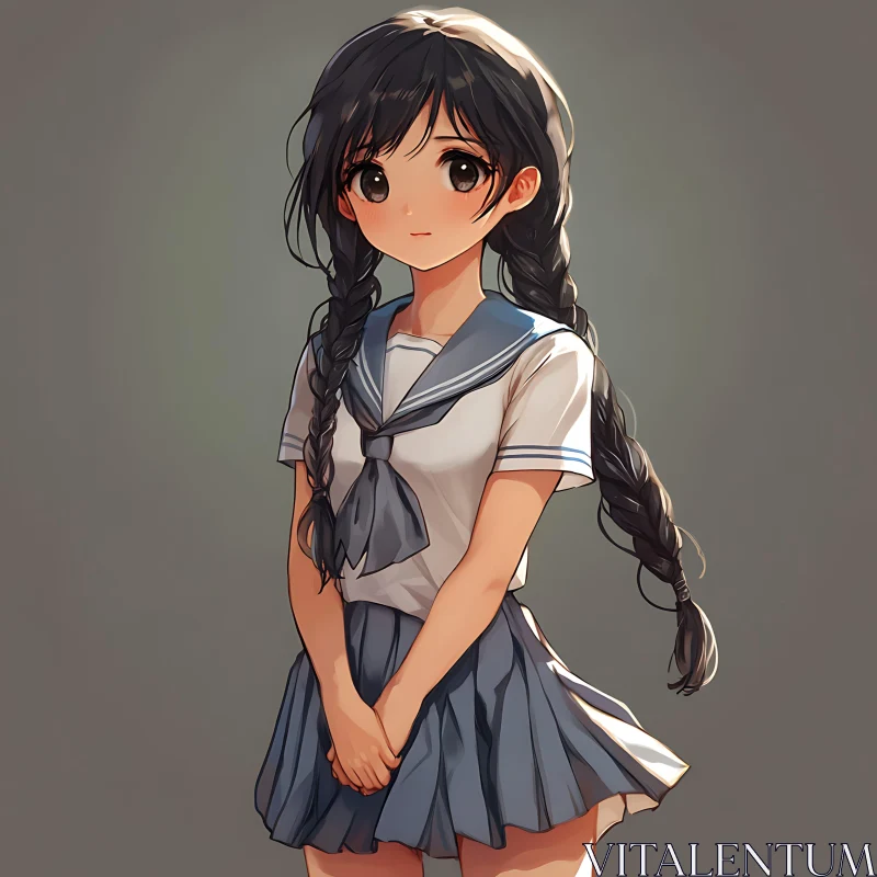 Charming Anime Girl with Black Braided Hair AI Image