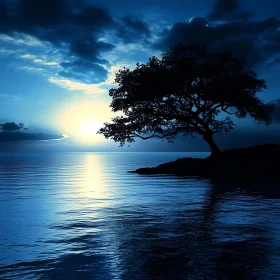 Evening Tranquility: Tree Silhouette by the Sea