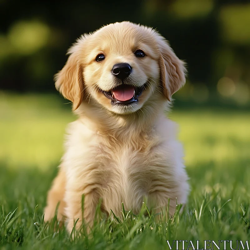 Golden Retriever Puppy Sitting on Lawn AI Image