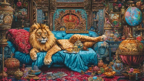 Regal Lion Lounging in Opulent Interior