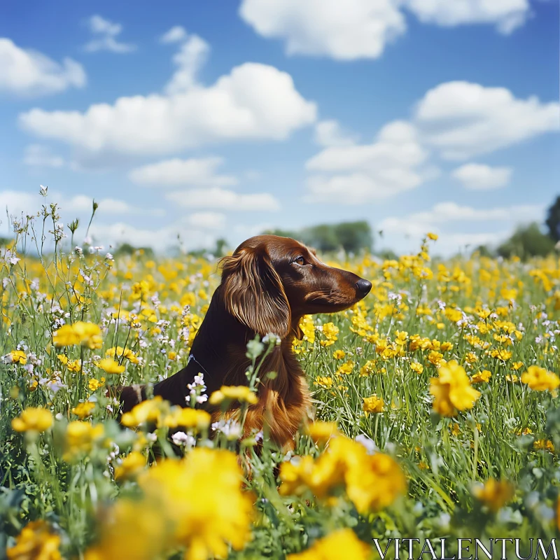 Brown Long-Haired Dachshund in Floral Meadow AI Image