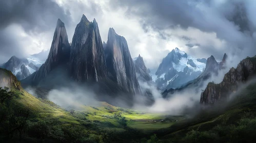 Serene Mountain Valley with Jagged Peaks