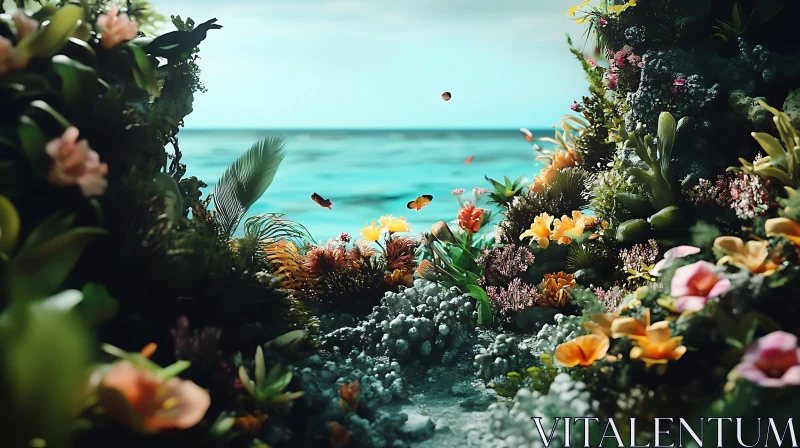 Tranquil Ocean View with Coral and Flowers AI Image