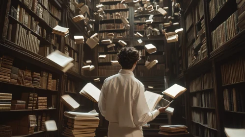 Magical Library with Flying Books
