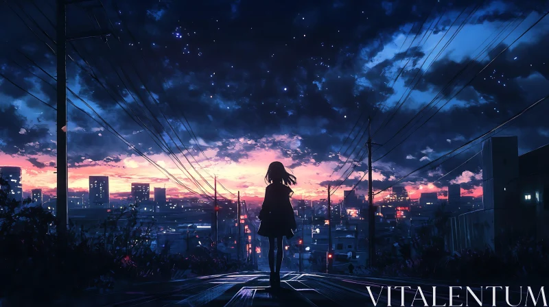 AI ART City Skyline at Sunset with Anime Silhouette