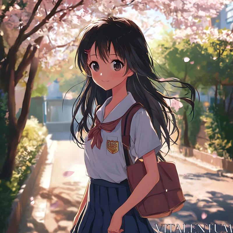 Cherry Blossoms and Sunlight: Anime Schoolgirl AI Image