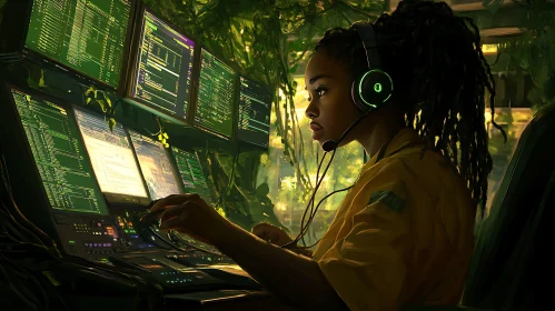 Woman Coding in a Green Tech Environment